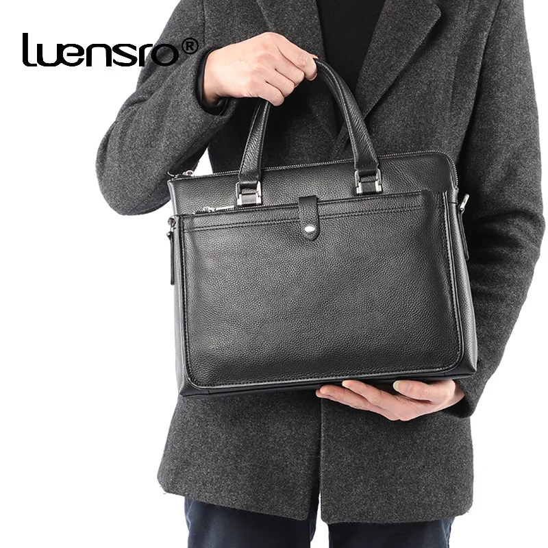 LUENSRO мужской портфель из натуральной кожи, Сумка с защитой от кражи, дизайнерская Повседневная Натуральная Воловья кожа, деловая черная сумка для ноутбука, мужской портфель