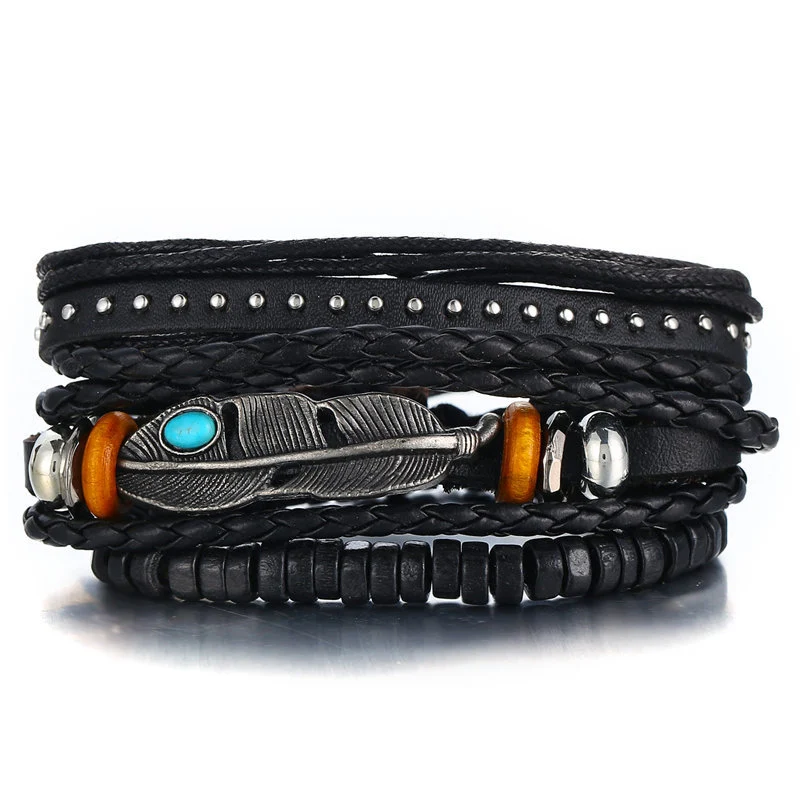 feather bracelet NIUYITID ручной работы перо лист мужские браслеты для мужчин многослойные кожаные аксессуары мужские браслеты дружбы ювелирные изделия - Окраска металла: feather bracelet