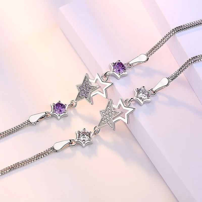 Женский браслет из серебра 100% пробы с маленькой звездой и кристаллами | Украшения