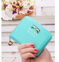 50pcslot korean style woman candy color bow pu short wallet solid lady lovely mini coin purse