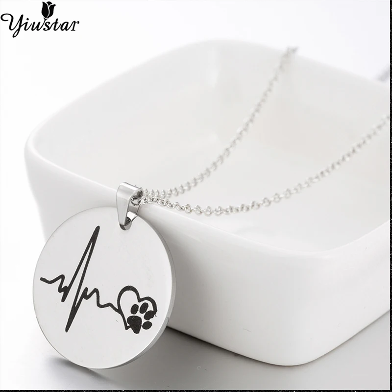 Yiustar Tiny Round Shape Electrocardiogram Necklace Boys Girls Love Stainless Steel Pet Paw Necklaces Women Accessories | Украшения и