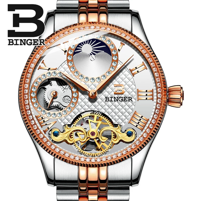 Luxury Rose Gold Men Tourbillon Watches Self Winding Mechanical Full Steel Watch Businessmen Crystal Wrist watch Moon Phase 3Bar | Наручные