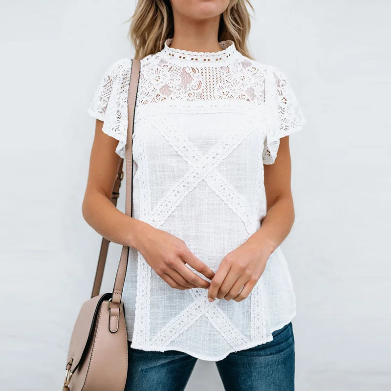 Винтажные топы блузка бохо рубашка с кружевом Женская водолазка короткими