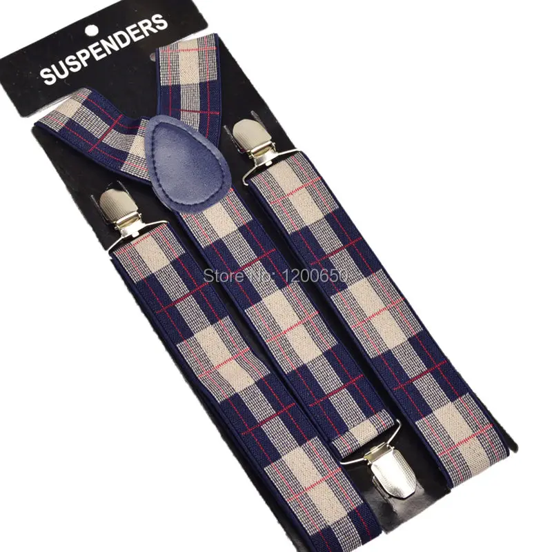 120 см мужские унисекс зажимные подтяжки эластичные 3,5 см широкие черные с красным квадратным узором Y-образные подтяжки оптом.