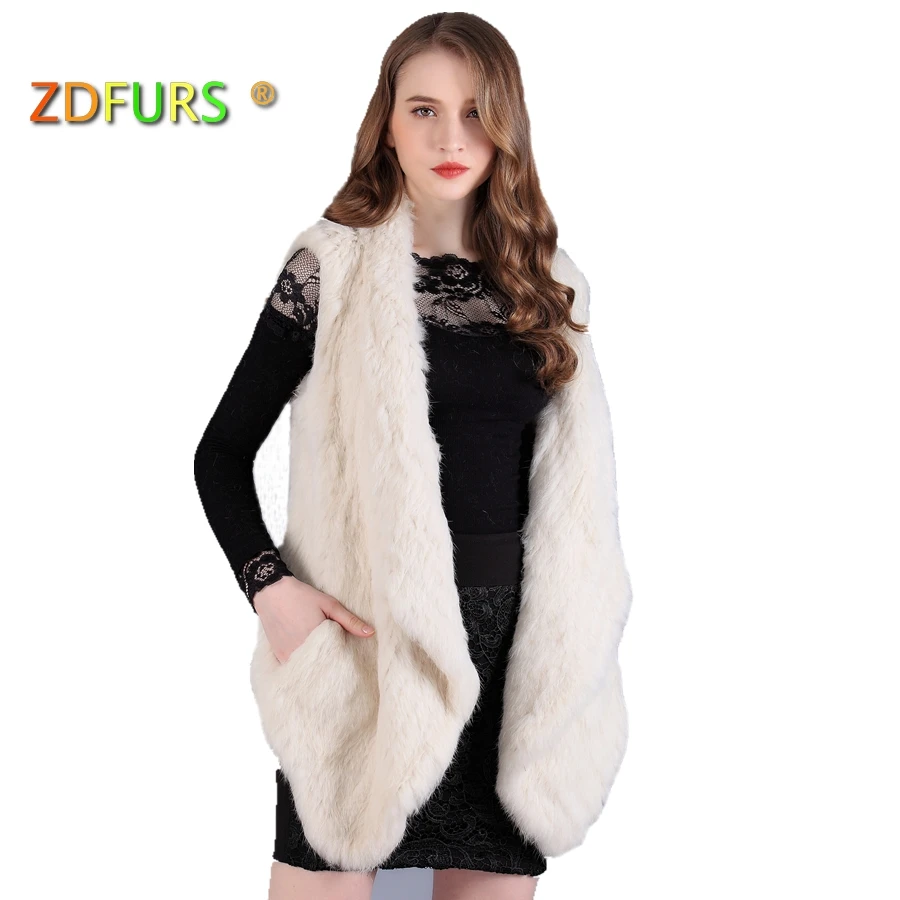 ZDFURS *winter new Knitted  hand made Rabbit fur vests gilet sleeveless  Double-sided Knit Fur Waistcoat Women ZDKR-165010