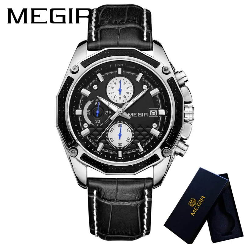 ME201501 with box MEGIR часы мужские водонепроницаемые Хронограф военные мужские часы лучший бренд класса люкс Натуральная кожа деловые мужские спортивные наручные часы 2028 - Цвет: ME201501 with box