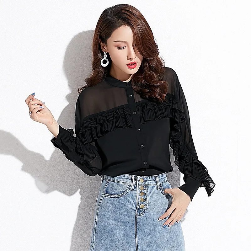 Черный INNASOFAN OL Women's shirt Spring-summer chiffon blouse Euro-American fashionable chic long-sleeved shirt and shuttlecocks - Цвет: Черный