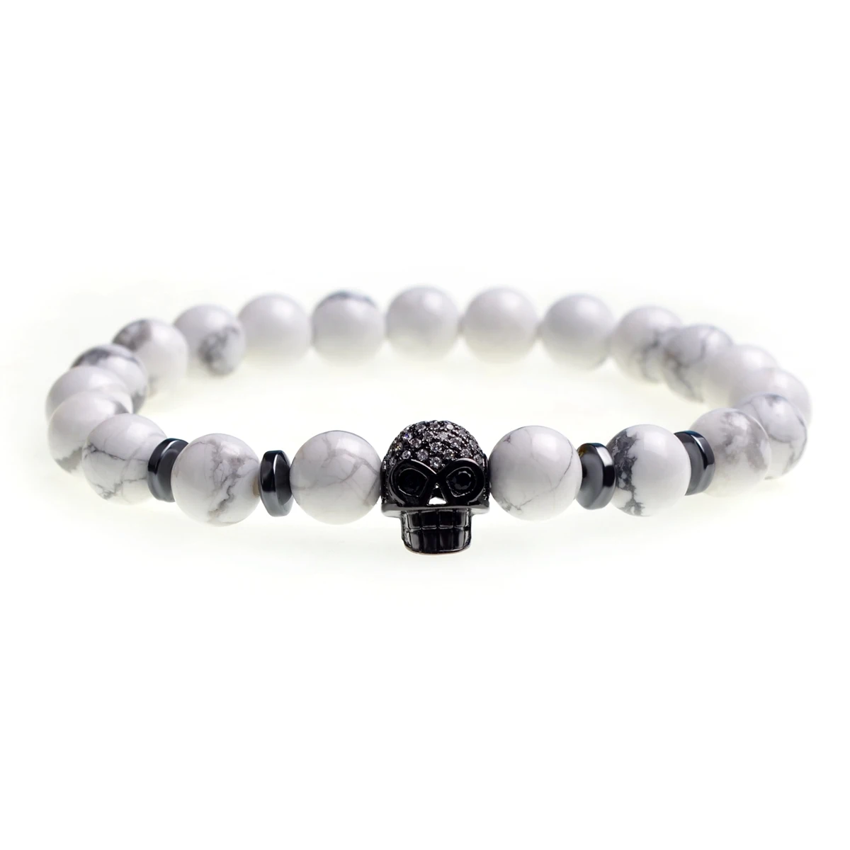 

2018 8MM Howlite Skull Bracelet Natural Beads Strand Skeleton Black Lava For Women