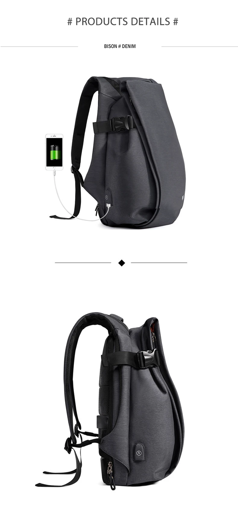 BISON DENIM мужской рюкзак для 15,6 дюймов, рюкзак для ноутбука, USB, Большой Вместительный модный рюкзак для подростков, рюкзак N2794