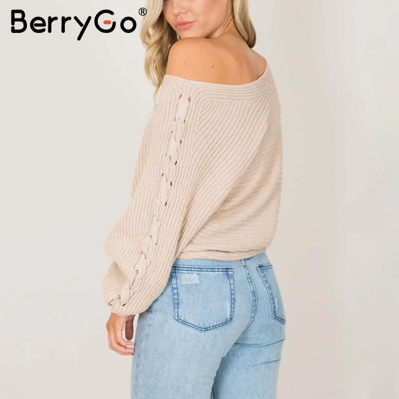 Женский вязаный пуловер на шнуровке BerryGo повседневный свободный джемпер с