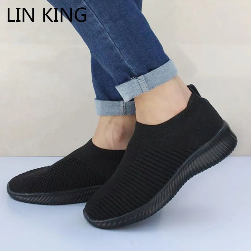 LIN KING/женские кроссовки эластичные вязаные Вулканизированная подошва плоская