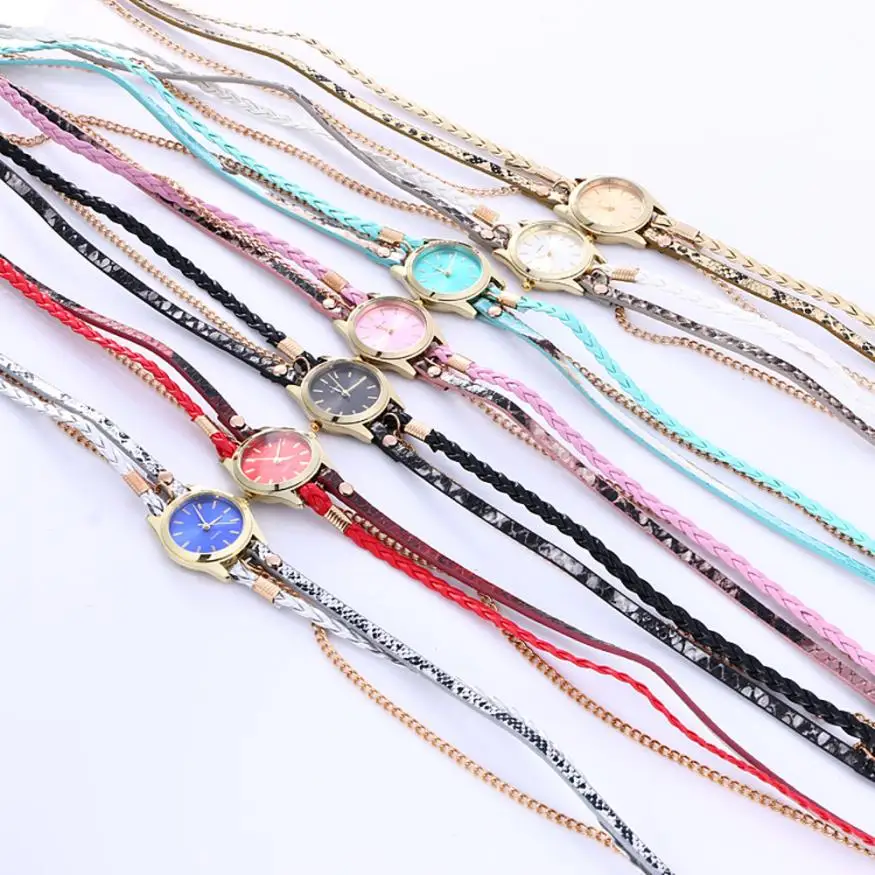 

Women Bohemian Fashion Woven PU Leather Strap Bracelet Womens Watch Quartz Movement Watch Stainless Steel Alloy Analog Watch #W