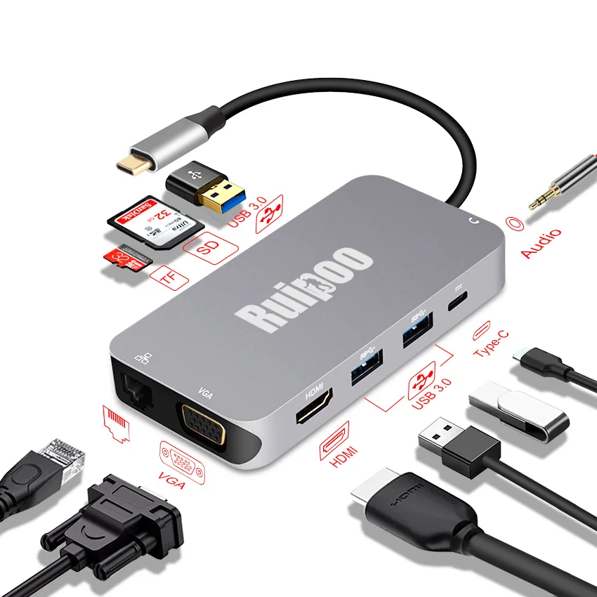 Док станция 10 в 1 с usb type c на hdmi vga RJ45 USB3.0 SD TF разъемом и 3 5 мм AUX кабелем PD аудио видео
