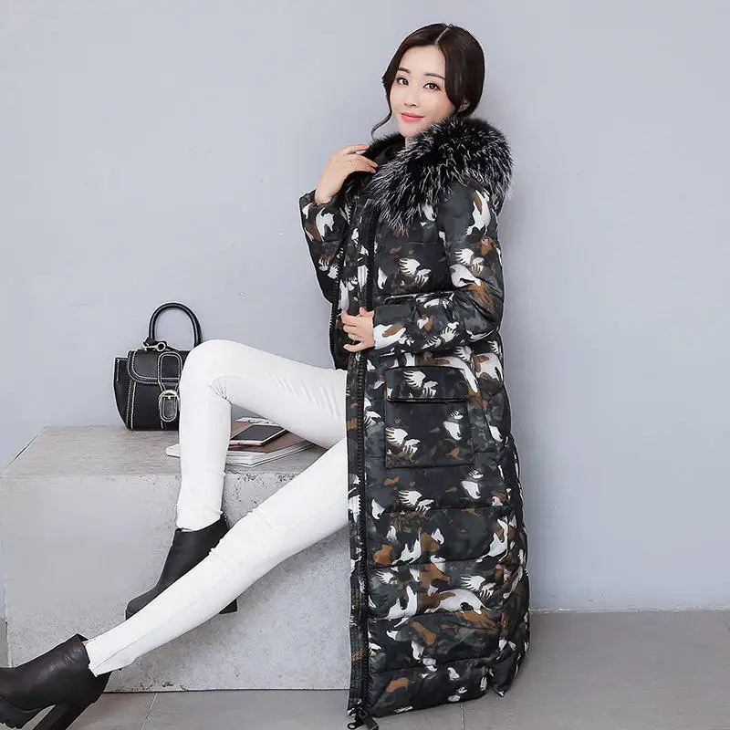 Winter Jacket Women Camouflage Maxi Coats Hooded Over Knee Long Parka Chaqueta Mujer Fur Collar Coat C3741 | Женская одежда