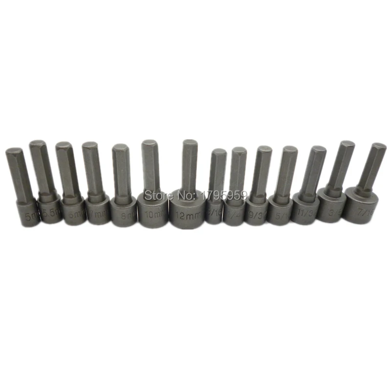 

14pcs Impact Socket Nut Driver Set Metric Imperial Hex Socket Adapters Tools 1/4" Hex Shank 5mm to 12mm 3/16" to 7/16"