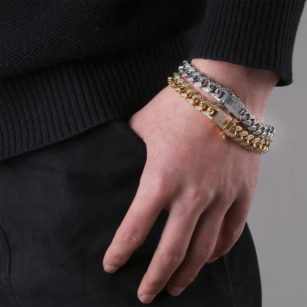 Хип-хоп отделка цирконами aaa Bling Iced Out CZ браслеты золотого, серебряного цвета кубинские ювелирные украшения с цепочкой Прямая