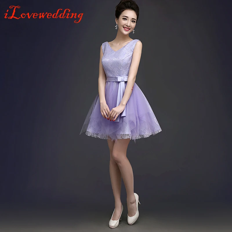 Женское Короткое платье выше колена фиолетовое из кружева и тюля для выпускного