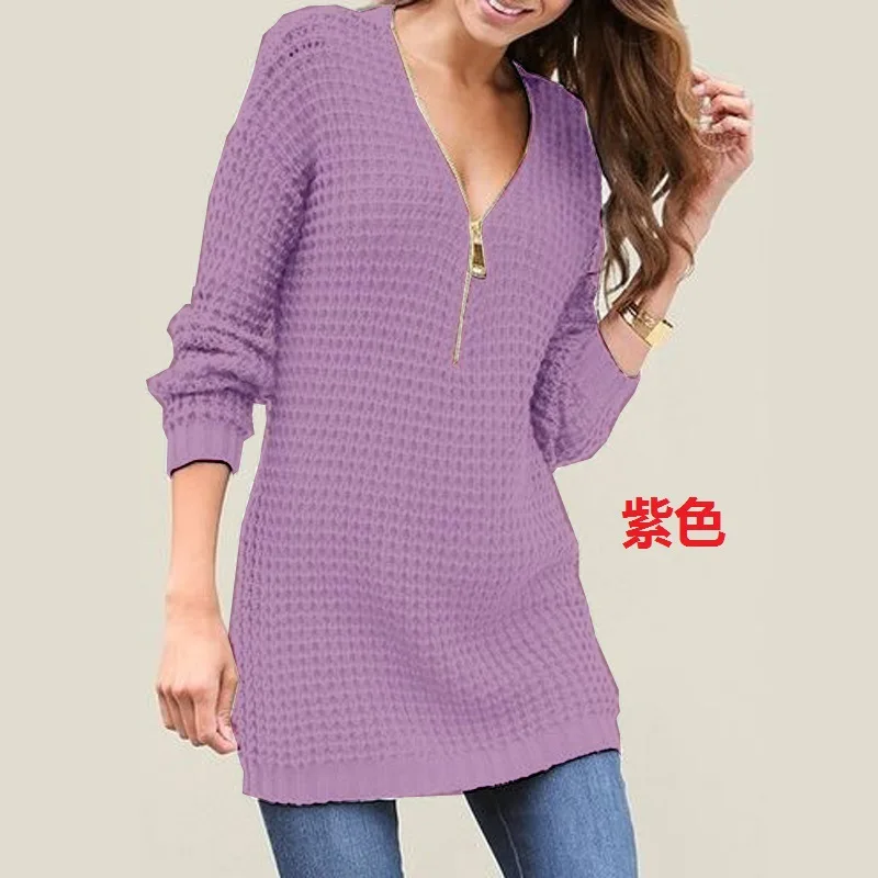Autumn Women Sweaters 2018 V-neck Long-sleeved Tops Female Winter Knitted Jumpers Sexy Ladies Zipper Sweater Dress 2XL | Женская одежда