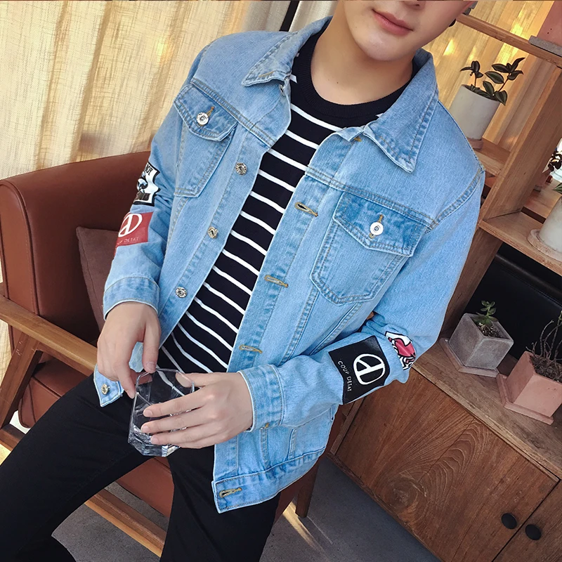 Осенние новые мужские куртки 2019 Slim Fit Модная Джинсовая куртка с принтом отложной