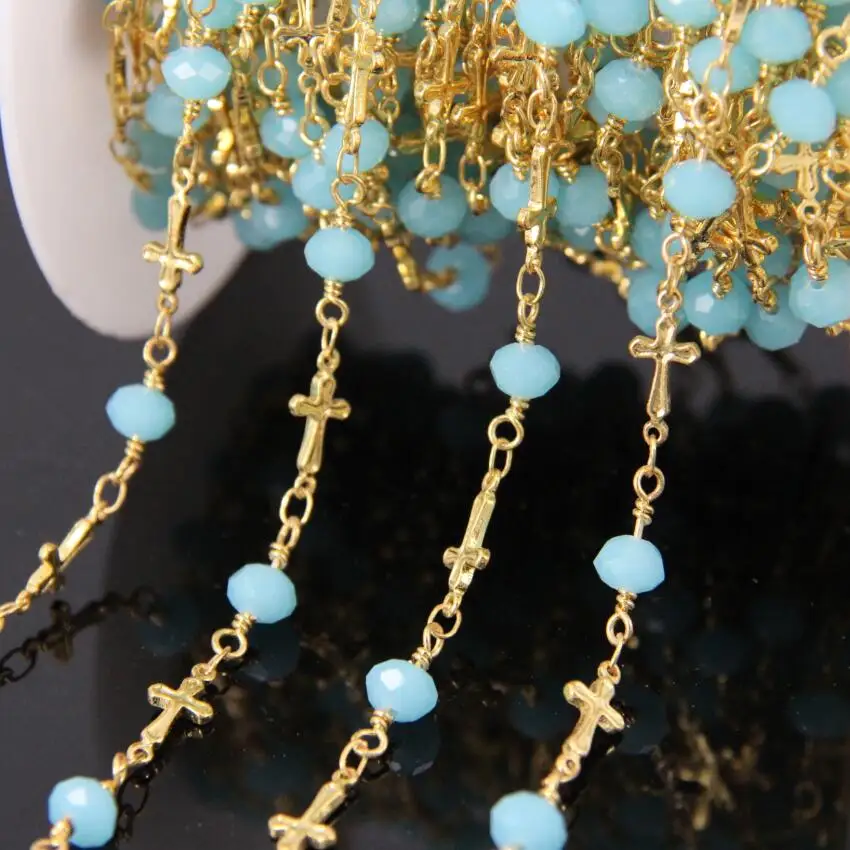 

5Meter Faceted Blue Glass Crystal Rondelle Chain,gold plated Wire Wrapped Cross Rosary Chains Necklace Women Sweet Sweater Chain
