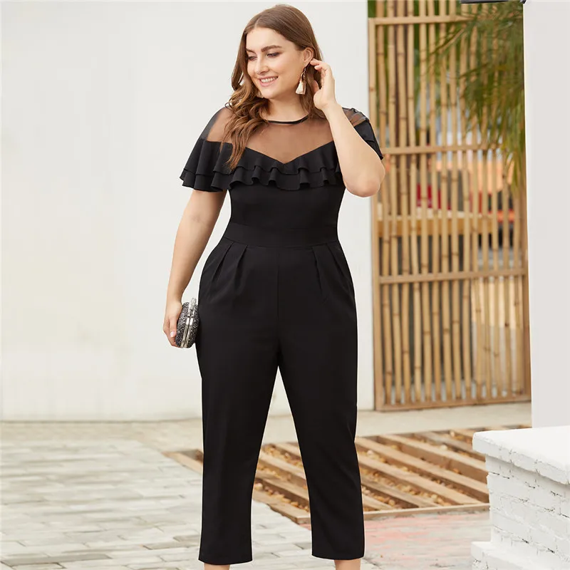 Модный женский летний Каскадный комбинезон с оборками и карманами сексуальный