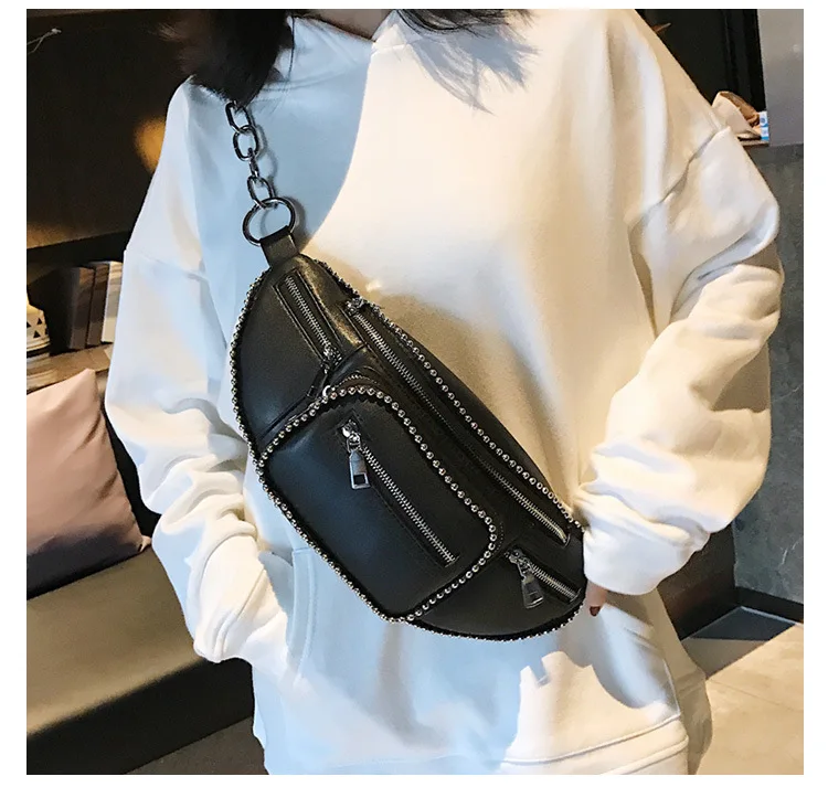 LJT Luxury Design Women PU Leather Waist Bag Female Rivet Casual Fanny Packs Belt Bag Handbag and Purse Female Mini Chest Bags