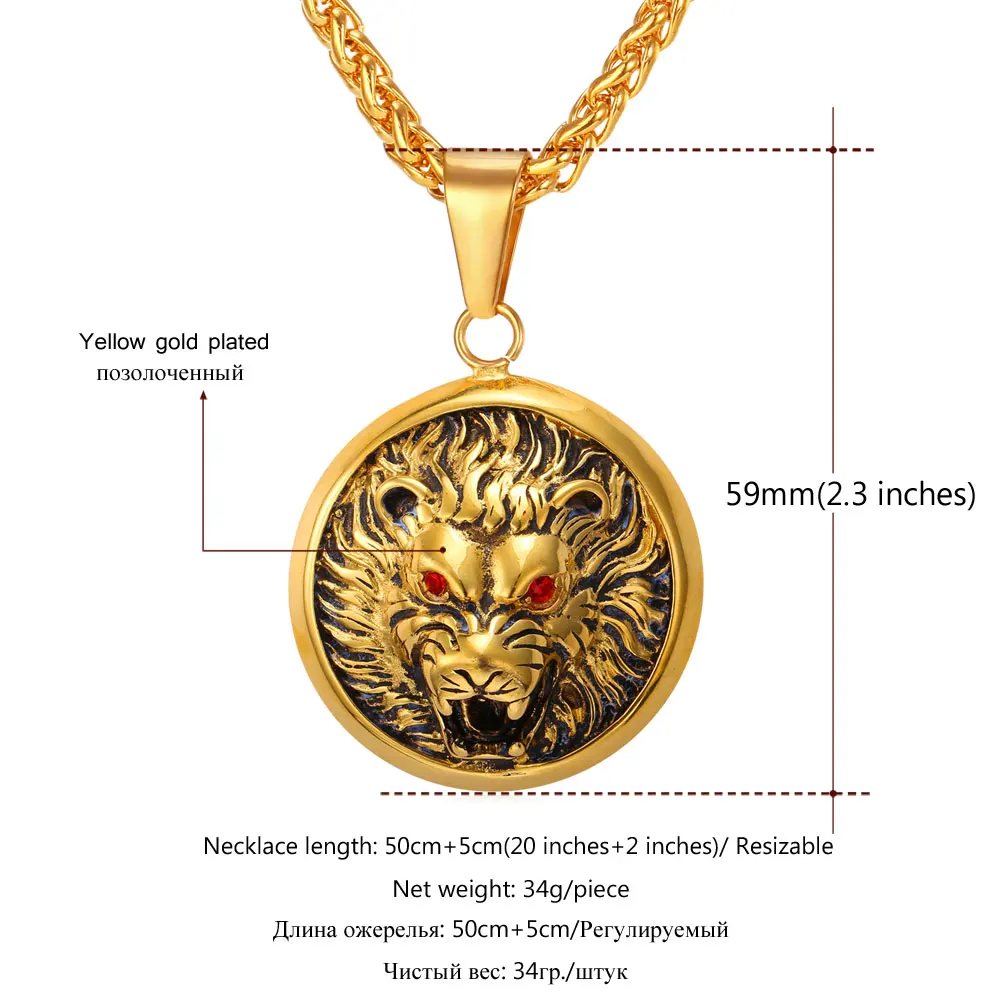 

Animal Lion Head Pendant Necklace gold Color Stainless Steel Round Shape King Spirit Necklace For 2016 New Men Jewelry P262