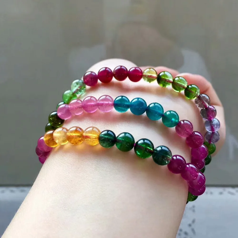 Genuine Natural Colorful Tourmaline Crystal Bracelet Fashion Woman Necklace Stretch 6.5mm Clear Round Beads 3 Laps AAAAA | Украшения и