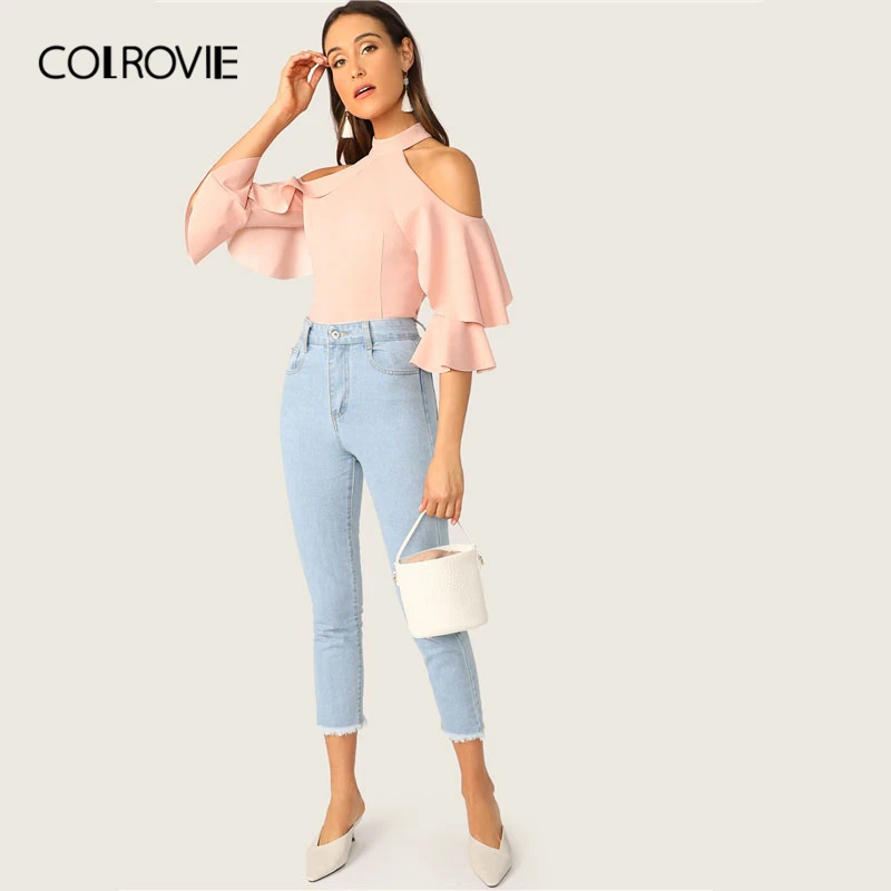 Женская блузка с рюшами COLROVIE розовая Элегантная лямкой на шее и Расклешенным