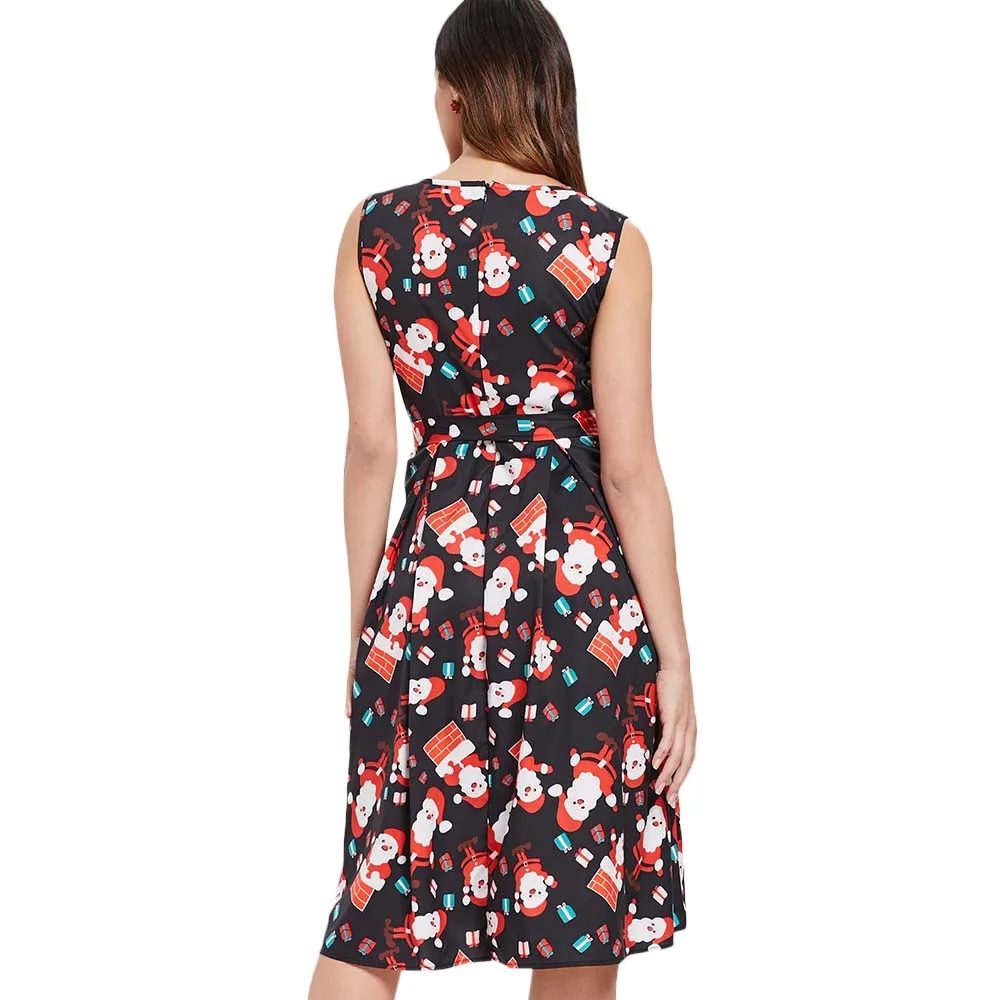Женское платье миди VESTLINDA рождественское с поясом и принтом Санта Клауса без