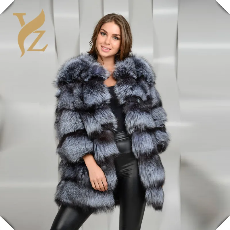 Модные Настоящее Silver Fox Шубы Для женщин из натурального меха пальто длинная теплая куртка из натуральной лисий мех зимние пальто универсальные - Цвет: Silver