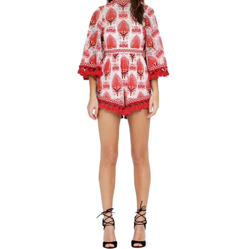 Мода 2017 г. пляжные Стиль Boho красный и белый фарфор печати кисточкой Вышивка