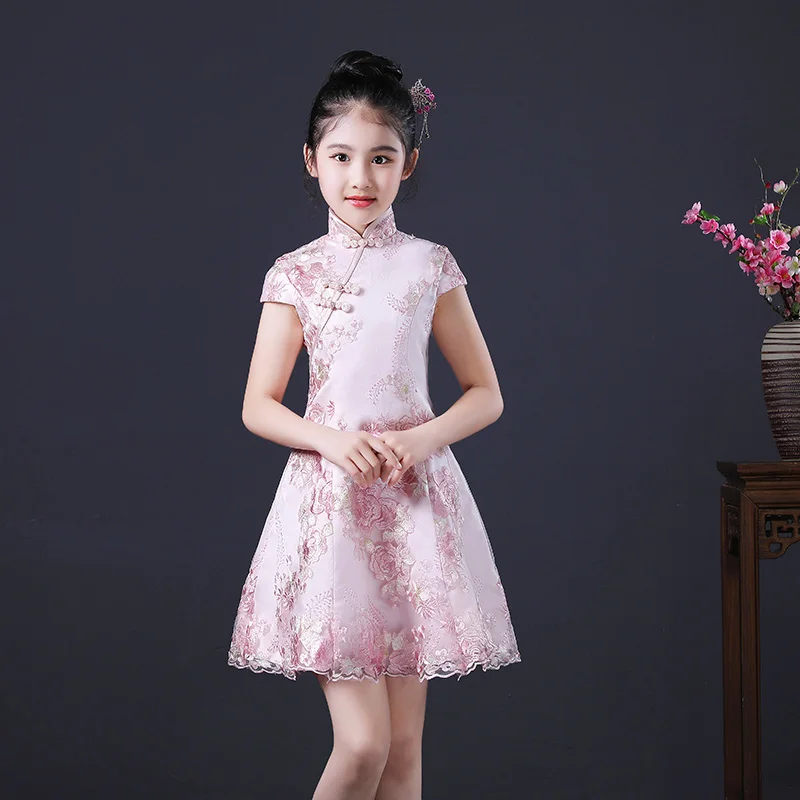 Oriental girls costumes for children party dress kids chinese qipao lace flower a-line Mandarin collar stage clothes | Детская одежда и