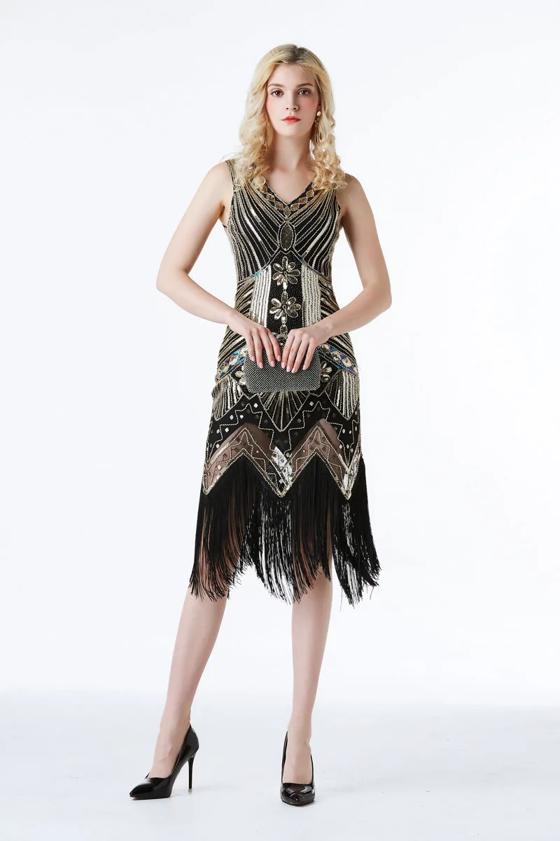 EDressU Vestidos золото 1920s винтажное платье Грейт Гэтсби Хлопушка кисточкой Коктейльные Вечерние платья Robe de Soiree CZ-LF01