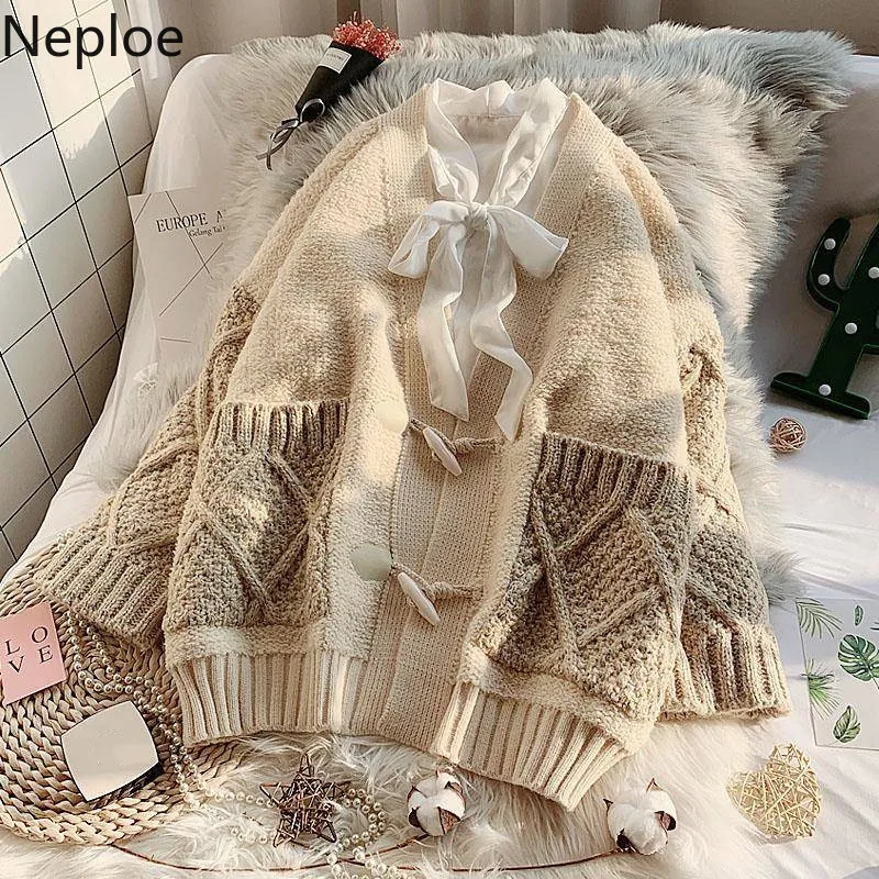 Neploe, осенне-зимний женский вязаный свитер,, корейский Кардиган с v-образным вырезом, теплый толстый свитер, длинный рукав, с карманами, куртка для женщин