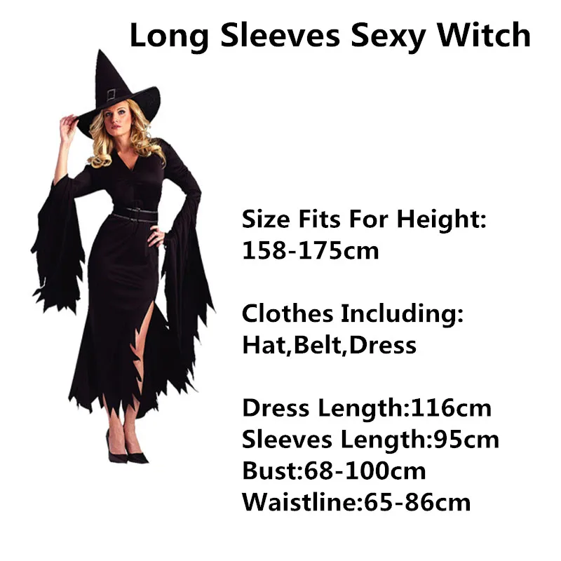 

Sexy Black Witch Cosplay Costume For Adults Women Lady Long Sleeves Dress Costumes Party Purim Halloween Christmas