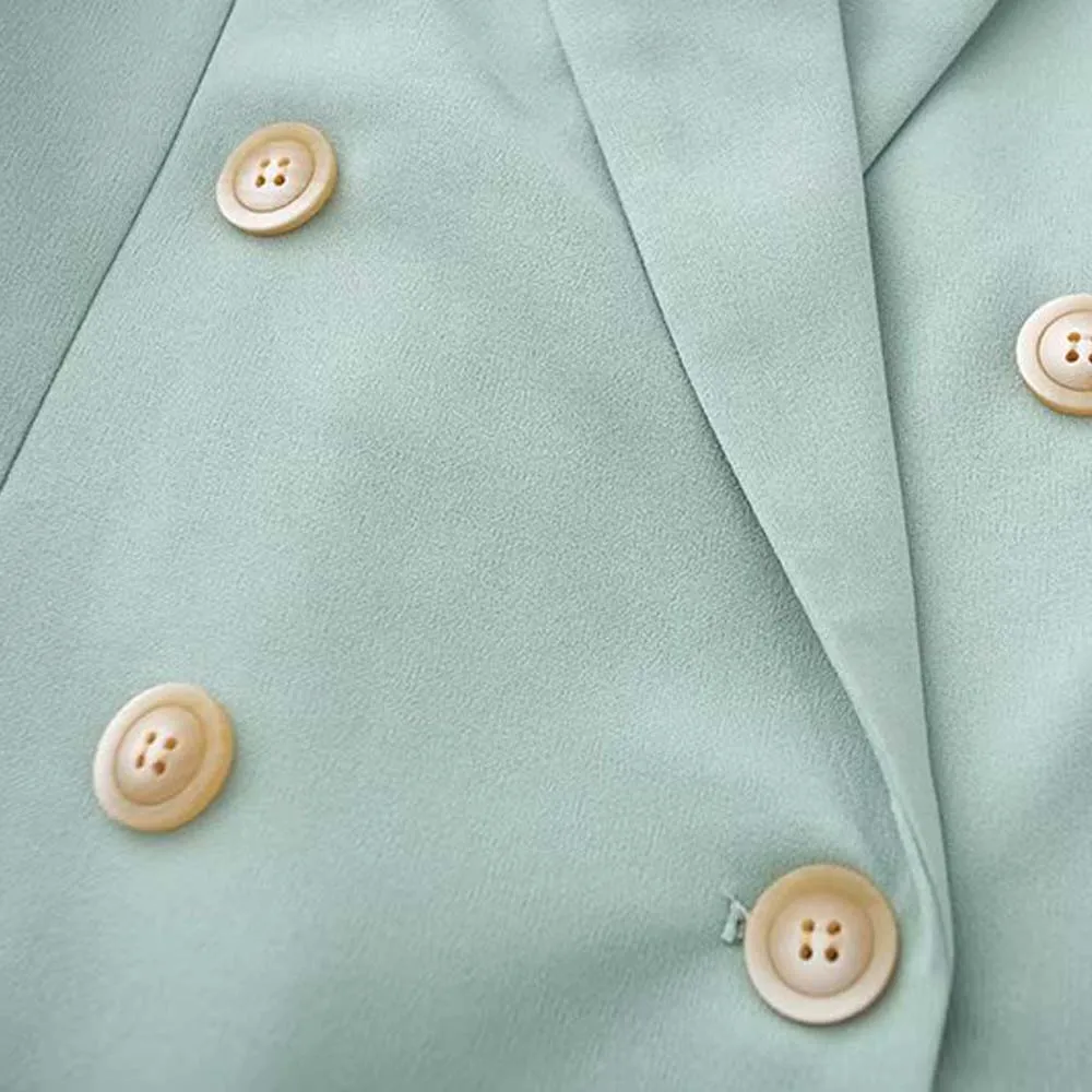 TXJRH Stylish Autumn Mint Green Double-breasted Buttons Blazer Boyfriend Style Fashion Women Mid Long Suit Coat Tops Femme