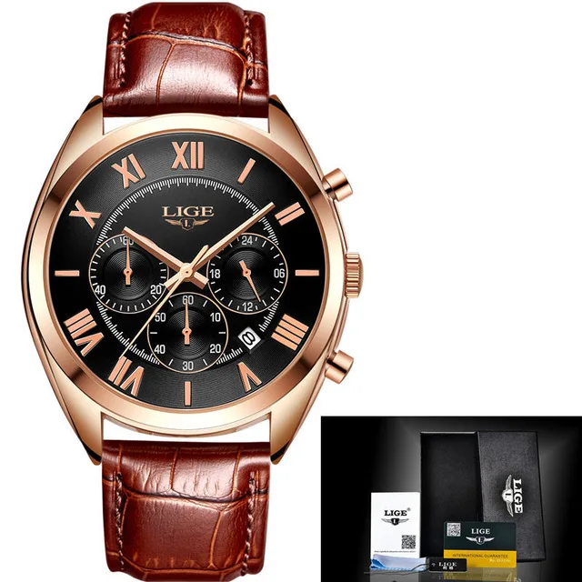gold black Часы мужские люксовый бренд LIGE модные спортивные водонепроницаемые кварцевые часы мужские военные кожаные Наручные часы Relogio Masculino - Цвет: gold black