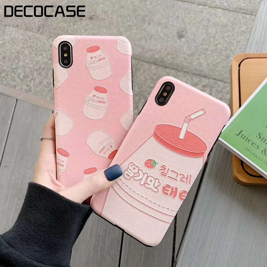DECOCASE Lovely Korean Strawberry Milk Bottle Printing Girls Women Phone Cases for iPhone 6 6s 7 8 Plus X XR XS Max Covers Gifts |
