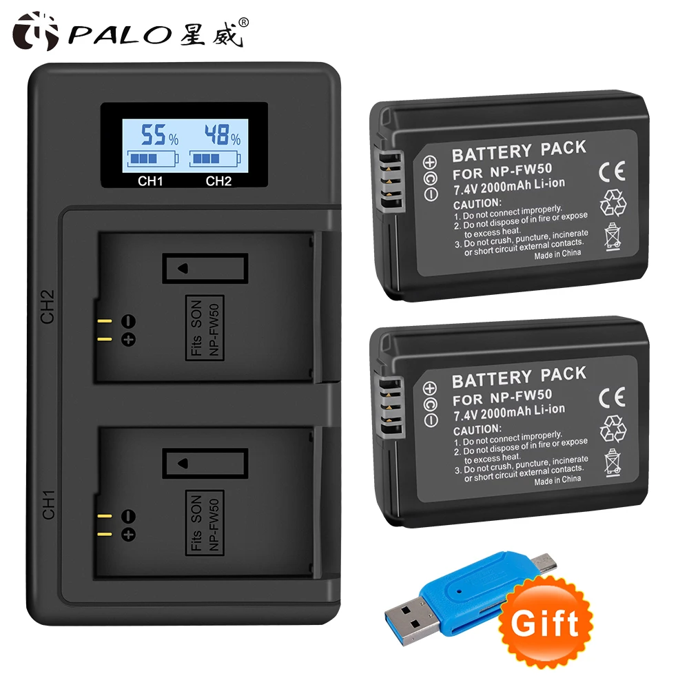 

PALO 2pc NP-FW50 NPFW50 Camera Battery+LCD USB Dual Charger Fast Charge for Sony Alpha a6500 a6300 a6000 a5000 a3000 NEX-3 a7R
