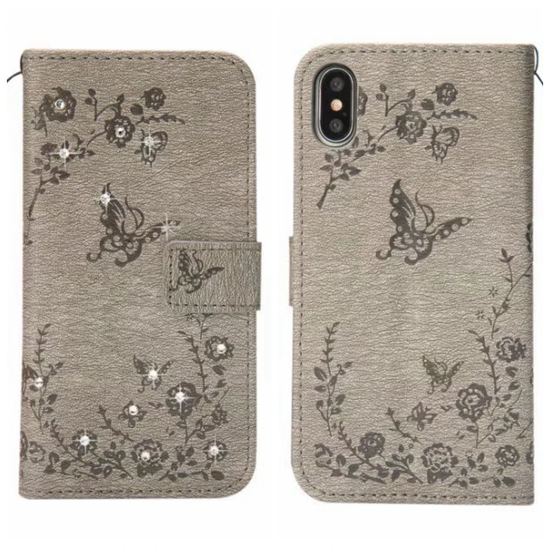 Flower Butterfly Bling Diamond Leather Wallet Case For Iphone X 8 7 6 6S Galaxy Note Card Slot Flip Cover Strap 50PCS |