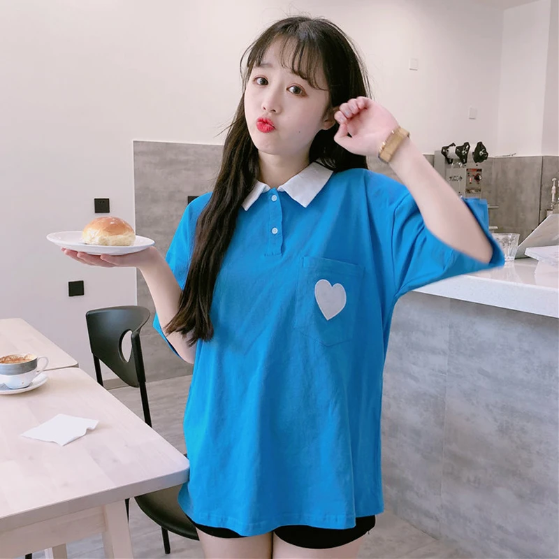 Pockets Women T-shirts Summer Preppy Style All- Match Candy Color Femela Tees Heart Embroidery | Женская одежда