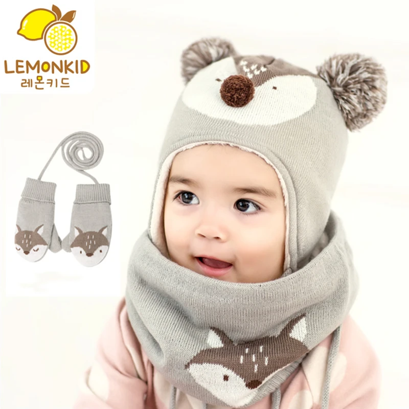 Lemonkid, 3 шт./лот, детская зимняя шапка, шарф, детская шапка с рисунком лисы, детский теплый шарф для мальчиков, костюм, шапочка, бархатная шапка, перчатки для девочек