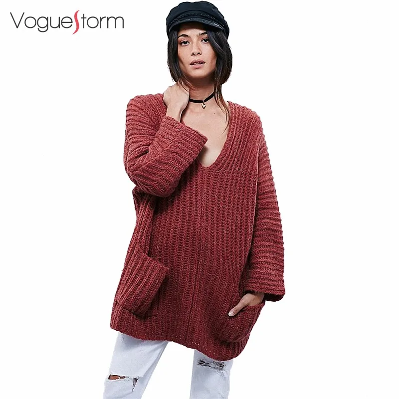 2016 Осень Новое Прибытие Свободно Плюс Размер V Шеи Женщины Пуловеры с Карманами