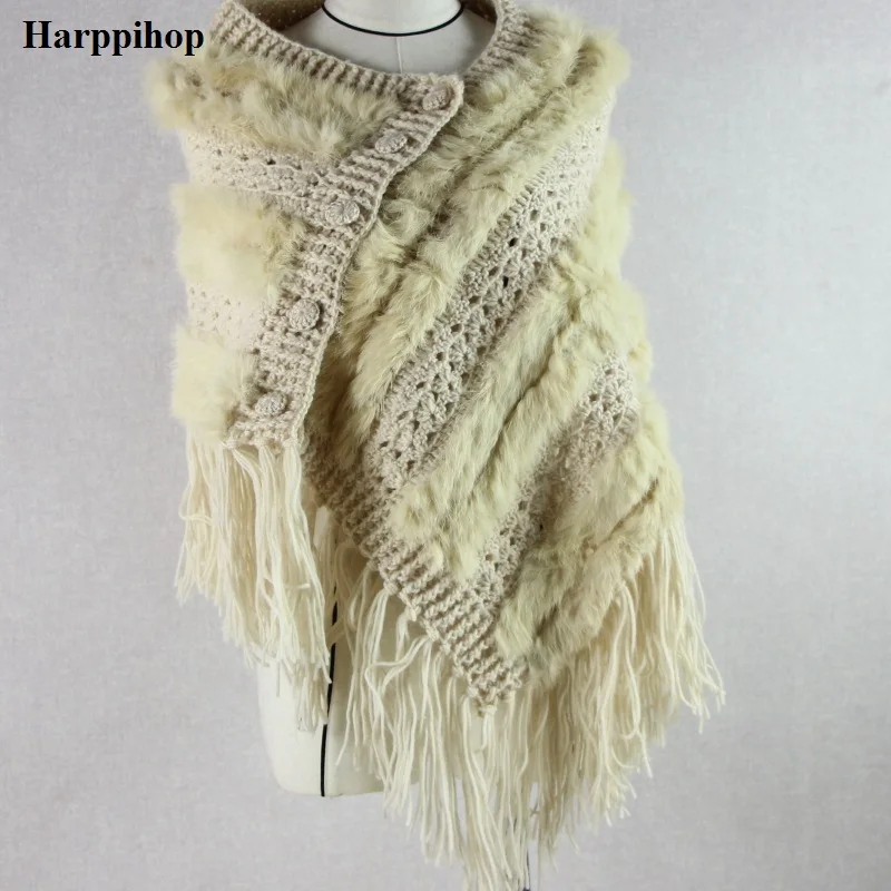 Harppihop, настоящий мех,, настоящий вязаный кроличий мех, шаль, Модный женский мех кролика, меховое пончо, пальто с кисточками