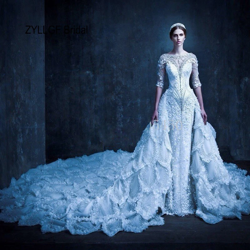 ZYLLGF Bridal Mermaid Half Sleeves Beaded Luxurious Wedding Dress Long Train Extravagant Gowns TA71 | Свадьбы и торжества