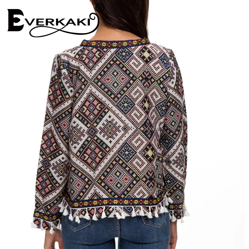 Everkaki Boho Женская куртка с принтом пальто кисточками клетчатая модная