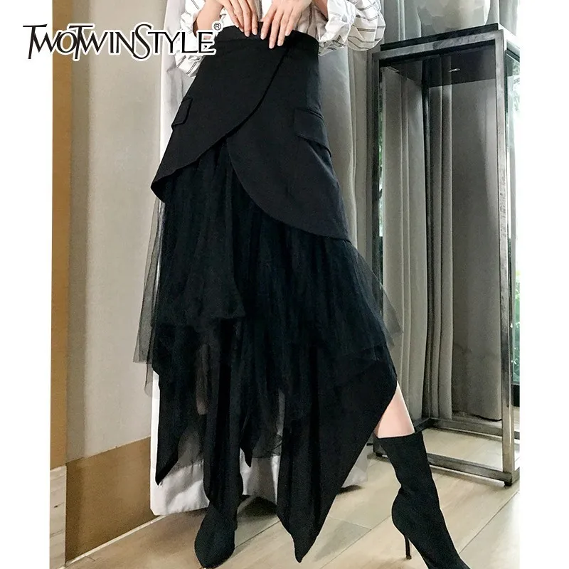 TWOTWINSTYLE, винтажная Женская юбка на пуговицах, высокая талия, пэтчворк, сетка, миди, черные, нестандартные юбки, женские,, весна, осень, мода