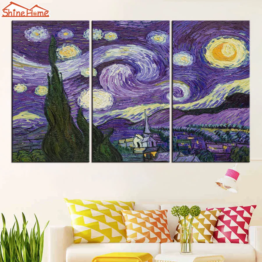 ShineHome 3pcs Van Gogh картина маслом плакат Триптих и принты на холсте звездное небо