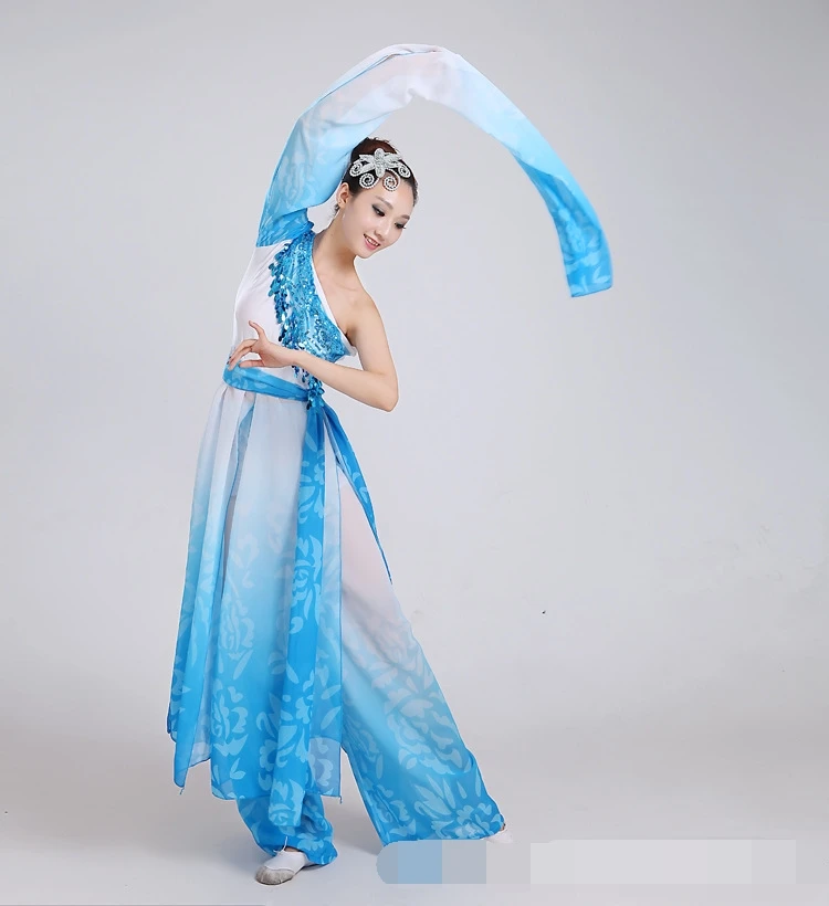 Китайские классические танцевальные костюмы синие градиентные женский